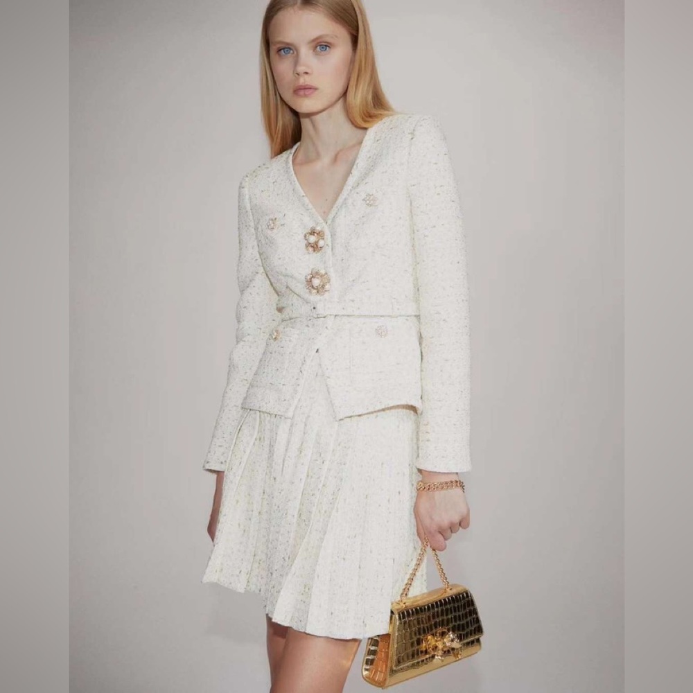 Self Portrait Cream Metallic Boucle Mini Jacket Dress